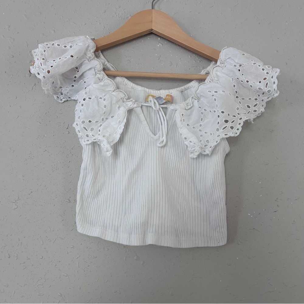 Urban Outfitters White Ribbed Phoebe eyelet blouse off the shoulder cropped
